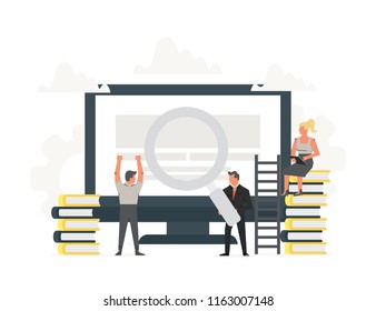 Vector illustration of computer under a magnifying glass on screen with small office people around it. Monitor with books, concept of internet learning, job search, online finance, financial success.