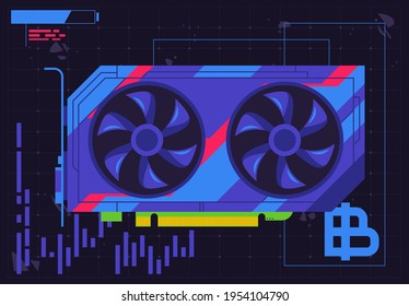 Vector illustration of a computer video card with a flat interface design, mining cryptocurrency using a video card from a computer