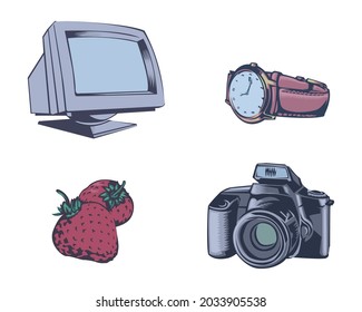 Vektorgrafik von Computer, Uhr, Erdbeere und Kamera im Vintage-Stil einzeln auf weißem Hintergrund