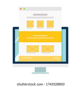 Vector illustration of a computer with a website page. Website development. Design interface. Browser window. Prototypes. Landing page template. Flat