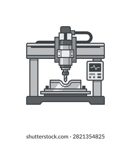 Vector illustration of a computerized numerical control milling machine performing precision machining on a metal part.