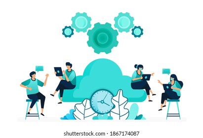 vector illustration of computing time on storage and hosting servers. manage cloud network timing. group of women and men workers. designed for website, web, landing page, apps, ui ux, poster, flyer