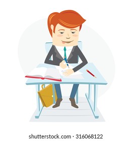 Vector illustration  Concentrated school student writing at the desk on his lessons in classroom. Flat style