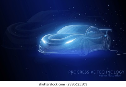 Vector illustration concept 3d electric car is charging on a dark blue background, future technology, transport, ecology, zero emission, futuristic.