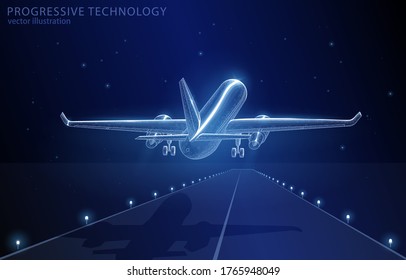 
Ilustración vectorial concepto 3d avión de pasajeros despegando de la pista sobre un fondo azul oscuro, símbolo de viaje, logística, turismo.