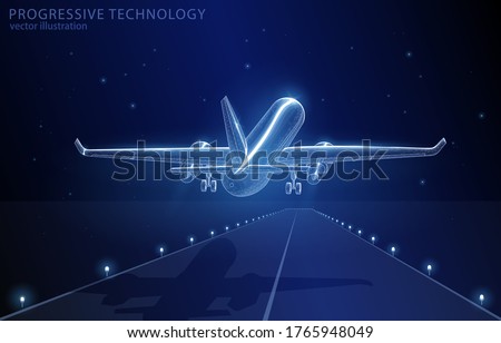
Vector illustration concept 3d passenger plane taking off from the runway on a dark blue background, symbol of travel, logistics, tourism.