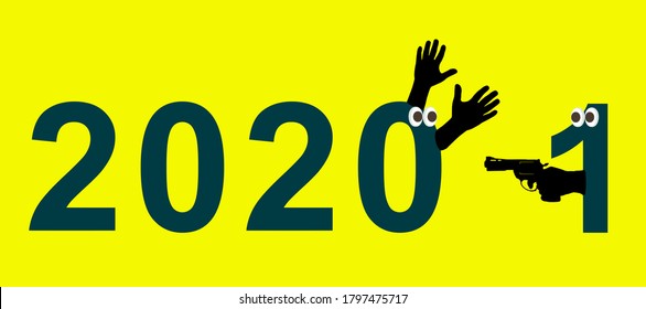 concepto de ilustración vectorial sobre el año nuevo de 2020 a 2021 con el número 1 apuntando un arma contra el número cero con las manos arriba sobre el fondo amarillo