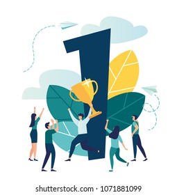 Vector illustration, concept of achieving a business goal vector, winner with a gold cup in his hand, victory in the first place, number one, joyful people around the winner vector