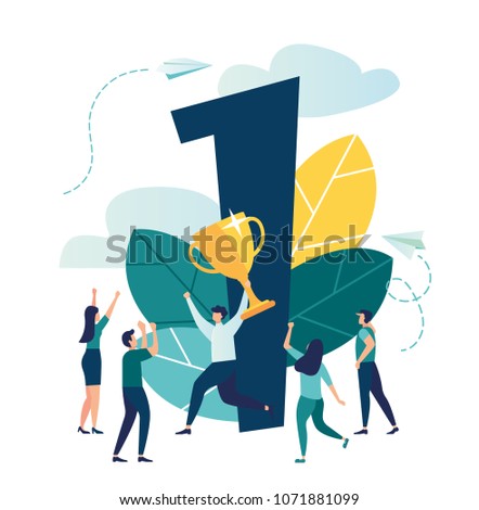 Vector illustration, concept of achieving a business goal vector, winner with a gold cup in his hand, victory in the first place, number one, joyful people around the winner vector