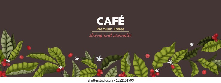 Ilustración vectorial concepto de café publicitario con ramas y bayas de árbol de café en estilo de dibujos animados. Pancarta horizontal o folleto difundido en fondo marrón sobre café premium.