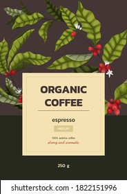 Ilustración vectorial concepto de café publicitario con ramas y bayas de árbol de café en estilo de dibujos animados. Banner vertical o diseño de embalaje para granos de café o molienda