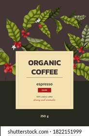 Ilustración vectorial concepto de café publicitario con ramas y bayas de árbol de café en estilo de dibujos animados. Banner vertical o diseño de embalaje para granos de café o molienda