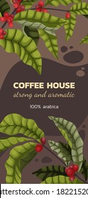Vector illustration concept of advertising coffee with branches and berries of coffee tree in cartoon style. Vertical banner or brochure on brown background for coffee shop or cafe