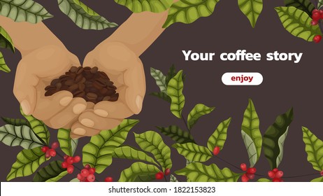 Vector illustration concept of advertising coffee with branches and berries of coffee tree in cartoon style. Horizontal banner on brown with leaves and coffee beans about cultivation and production