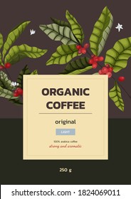 Vector illustration concept of advertising coffee with branches and berries of coffee tree in cartoon style. Vertical banner, label or packaging design for coffee beans or ground