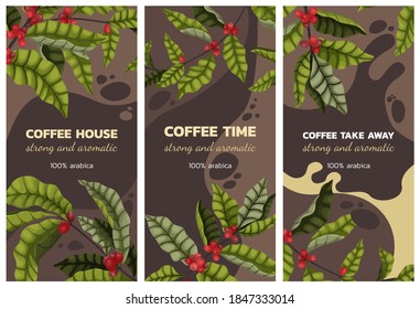 Vector illustration concept of advertising coffee with branches and berries of coffee tree in cartoon style. Vertical banner or brochure on brown background coffee time