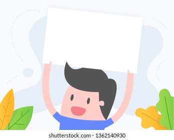 Vector illustration concept of advertising. Young man holding and blank paper. 