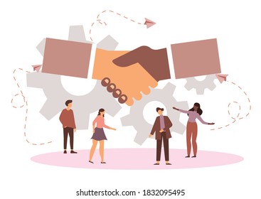 Vector illustration of the concept of the agreement, office work, handshake of businessmen, attributes of office work.