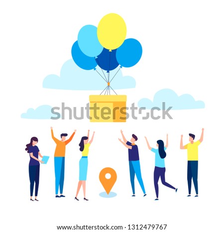 Vector illustration concept of air drop delivery service. Gift recieving. Package box and tiny people characters in a modern flat colorful cartoon style