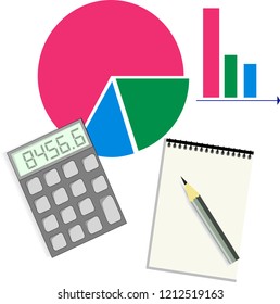 vector illustration concept of analyzing business. On the surface lies a calculator, a notebook, a pencil, colored diagrams are drawn.