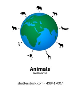 Vector illustration of the concept of animal welfare. Silhouettes of animals on the background of the planet. Protection of animals.