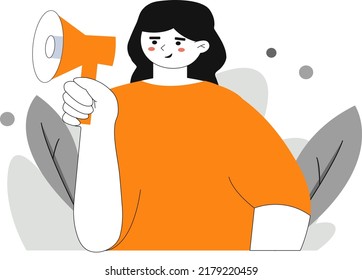 Vector illustration concept of announcement, marketing or sales, young woman holding a megaphone. Vector character illustration of woman holds megaphone and shout slogans.