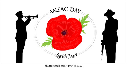 Vector illustration concept of Anzac Day with poppy flowers. 25 April. National remembrance day in Australia and New Zealand.