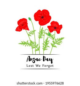 Vector illustration concept of Anzac Day with poppy flowers. 25 April. National remembrance day in Australia and New Zealand.