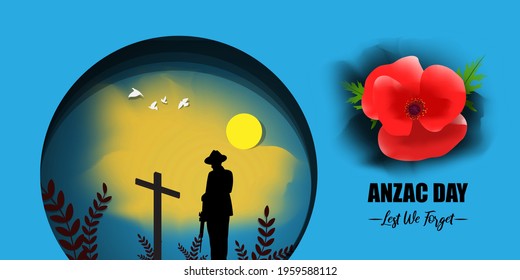 Vector illustration concept of Anzac Day with poppy flowers. 25 April. National remembrance day in Australia and New Zealand.