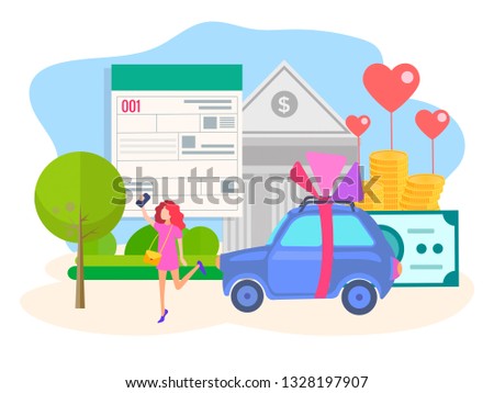 Vector illustration of concept approval obtaining consumer credit. The girl takes a selfie against the background of the form of the loan, the Bank building, the car and the money she get.