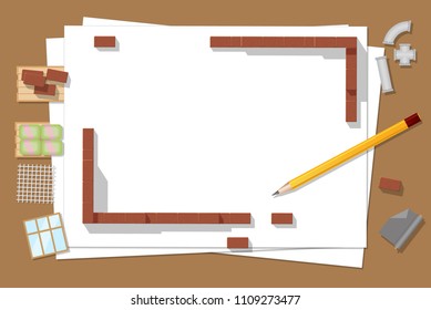 ベクターイラスト 建築家の職場のコンセプト 上面図 建築用材と紙を開きます 上から見る のベクター画像素材 ロイヤリティフリー