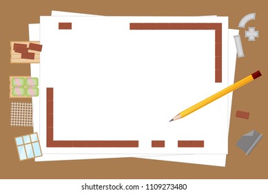 Vector illustration. The concept of an architect workplace. (top view) Open sheet of paper with building materials. View from above.