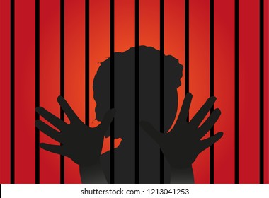 Vector illustration of concept art depicting child abuse. Vector illustration of a child behind bars. Children affected emotional and physical abuse. Red background.