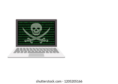 Vector Illustration Concept Art of Pirate Program /Software, Malware or Spyware Installed on A Computer Showing Pirate Icon on Green 0 1 Digits Background.