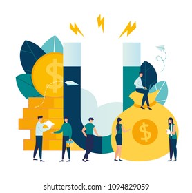 Vector illustration, the concept of attracting investment, the magnet of success, the attraction of money. profitable income