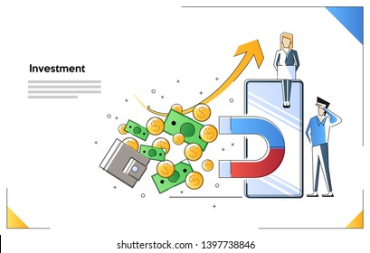 Vector illustration, the concept of attracting investment, the magnet of success, the attraction of money. profitable income.