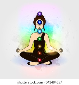 Vector illustration concept Aura and chakra, meditation.