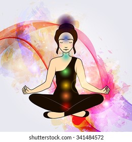 Vector illustration concept Aura and chakra, meditation.