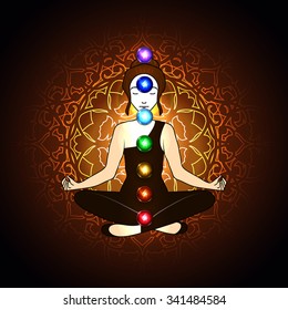 Vector illustration concept Aura and chakra, meditation.