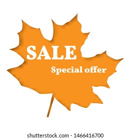 Vector illustration. The concept of the autumn sale. Yellow maple autumn leaf with the inscription sale