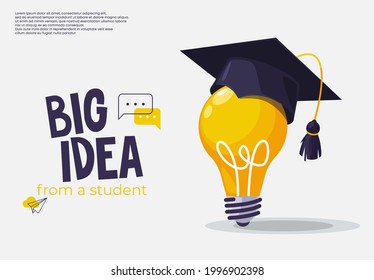 Vector illustration of the concept of a big idea from a student, a square academic cap of a student is put on an electric light bulb for light