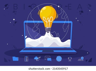 Vector illustration of the concept of a big idea, a light bulb takes off from an open laptop on the background of the contour of the planet earth