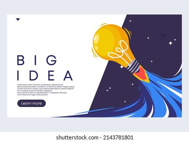 Vector illustration of the concept of a big idea, the start page of a website is a big idea, a light bulb flies in the form of a rocket