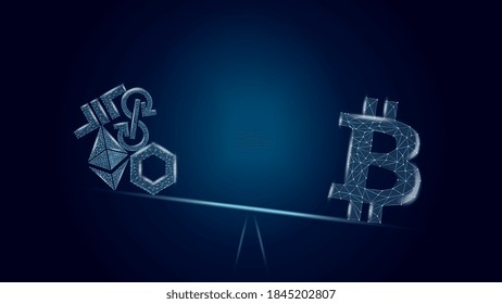 Vector illustration concept Bitcoin advantages over altcoins on a dark blue background. BTC on the scales outweighs a bunch of different coins. Wireframe Bitcoin symbol.
