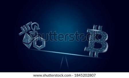 Vector illustration concept Bitcoin advantages over altcoins on a dark blue background. BTC on the scales outweighs a bunch of different coins. Wireframe Bitcoin symbol.