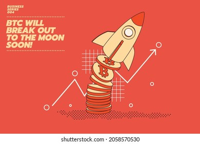 Vector illustration concept of Bitcoin or crypto currency set to rise with a rocket flying with bitcoin icon and chart in flat style
