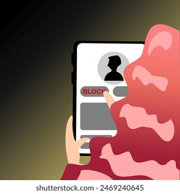 Vector illustration. Concept of blocking people on social media, woman's back view. Blocking someone's account on social media.