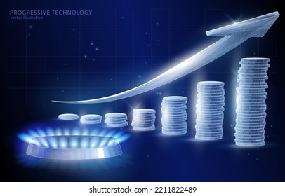Vector illustration concept of a blue flame of natural gas, and a stack of coins with an arrow in the form of a graph of an increasing price, business, industry, finance, resources, fuel.