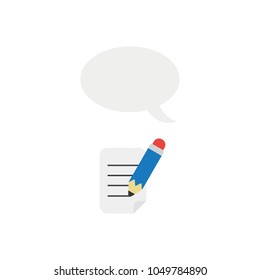Vector illustration concept of blue pencil writing on paper with blank speech bubble icon.