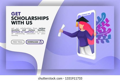 Vector illustration concept. blue website banner about scholarship programs. women with toga come out of the smartphone. suitable for print, online, mobile apps, web, landing page. Flat cartoon style